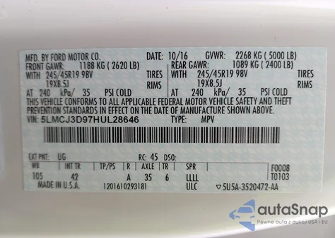 2017 Lincoln Mkc Reserve z USA, uszkodzony, nr VIN 5LMCJ3D97HUL28646